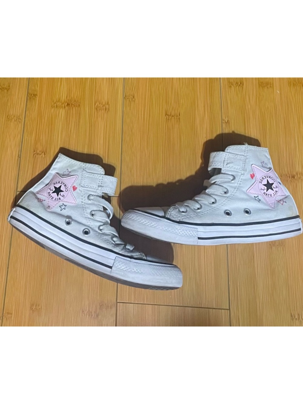 Kids White High-Top Converse with Heart & Star Accents